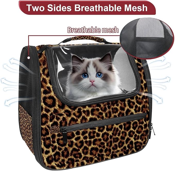 Portable Travel pet Backpack Carrier Hamster Bag Small Dog cat Carrier Breathable Hang Bag, Brown Leopard Print