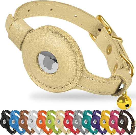 OOPSDOGGY Leather AirTag Cat Collar with Bell - Non Breakaway Kitten Collar with Apple Air Tag Holder - Lightweight GPS Pet Collars for Girl Boy Cats, Small Dogs, Puppies (Beige)