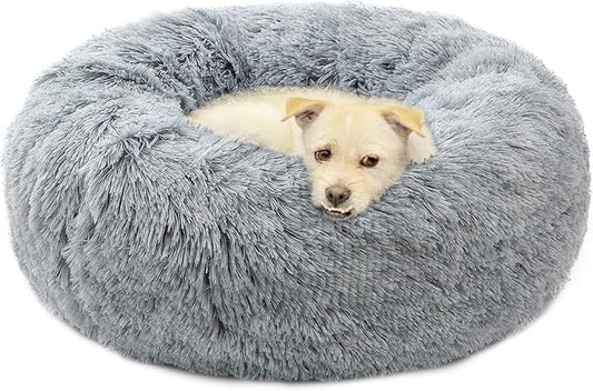 Calming Cat Bed, Soft Round Cuddler Dog Beds Fluffy Plush Faux Fur Pet Beds, Anit-Anxiety Self-Warming Comfy (20", Grey)