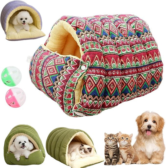 Expectation Cat Bed, Removable and Washable Winter Closed-Off Cat Bed, Soft Fluffy Warm Autumn/Winter Cats House, Washable Non-Slip Pet Sleeping Bag for Indoor Cats Small Dogs (I,Medium)