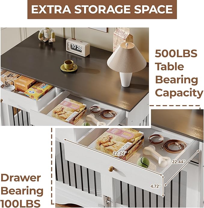 Dog Furniture Crate, 47" Large Dog Crate Furniture w/ 2 Storage Draws & Removable Divider for Large/Medium/Small Dogs (White, One Cage)