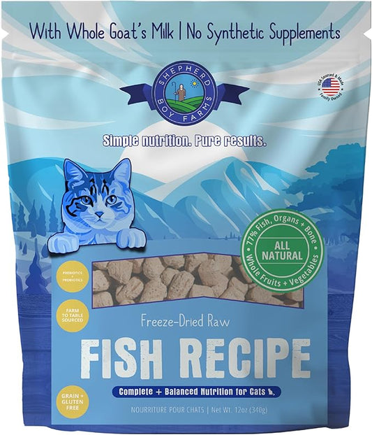Shepherd Boy Farms Freeze-Dried Fish Cat Food – High-Protein, Grain-Free, Made with Organic Produce & Goat’s Milk (12oz)