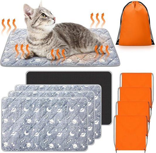 Riakrum 4 Pack Self Warming Cat Mat Heating Cat Bed 24" x 18" Thermal Dog Self Warming Pad Pet Heating Pad Non Slip Bottom Washable with Storage Bag for Indoor Outdoor Kitten Pet (18 x 24 Inches)