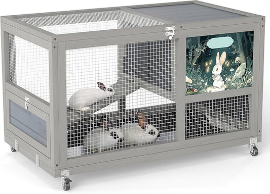 COZIWOW 36.5-Inch Double-Decker Wooden Rabbit Hutch with Wheels, Featuring A Cleaning Tray and Ladder—Stylish and Easy to Assemble（Grey and Pattern）