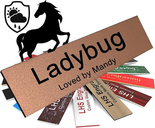 Horse Stall Name Plate, 2x8 Personalized Stall Signs, UV Protected, All Weather Adhesive, Hanging, Mounting or Other, Textured Copper Plastic Black Letters - Made in USA - M2