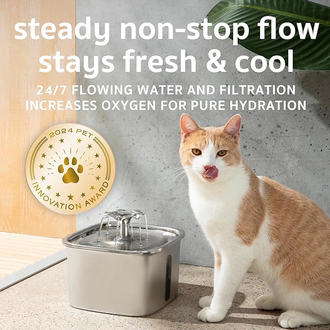 Veken Innovation Award Winner Stainless Steel Cat Water Fountain, 95oz/2.8L Automatic Pet Fountain Dog Water Dispenser with Replacement Filters & Silicone Mat, Gifts for Christmas, Cats, Dogs (Silver)