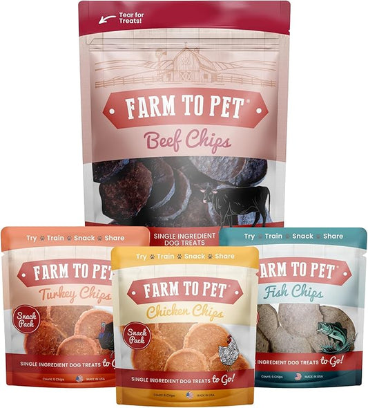 Farm To Pet - Puppy Packs 'N Snacks Dog Treat Starter Pack - Beef 4oz + 1 Chicken & 1 Turkey & 1 Fish Snack Pack - Single Ingredient Training Treats, All Natural, Lean for Small, Medium, Large Breeds