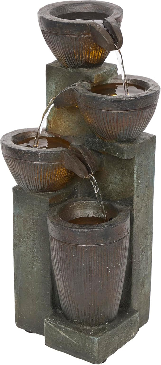 Alpine Corporation TZL416 14" Stoned Jar Water Fountain with Cascading LED Lights, Stylish Tabletop Water Feature for Home, Office, Living Room, Bedroom & Desk Decor, Gray