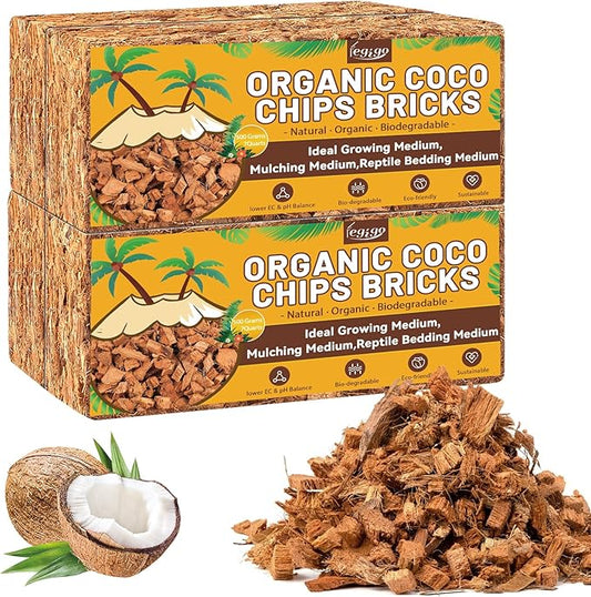 Legigo 4 Pack Coco Husk Chips- 4.4 LB 100% Organic Coconut Coir Chips Brick Potting Soil Mix with Low EC & PH Balance, Compressed Coconut Substrate Coco Chips Mulch Medium for Garden, Flowers, Plants