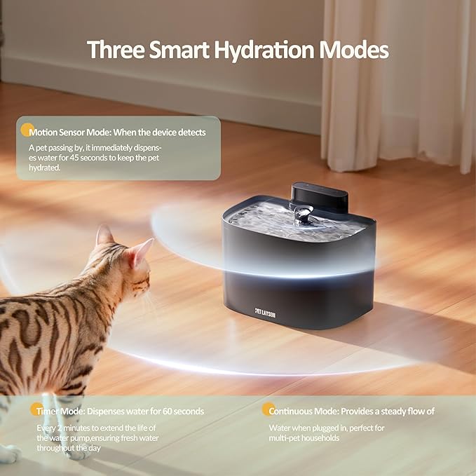 PET LAYSON Pumpless Cat Water Fountain, Smart Cordless Fountains Battery Operated, 3.6L/122oz with Maglev Valve Technology Wireless Rechargeable Water Dispenser for Cat &Dog(Black01, M1-8 Filter)