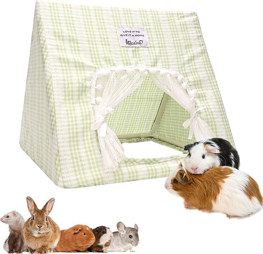 Guinea Pig Hideout Large with Curtain, Bunny Hideout, Machine Washable Guinea Pig Hide Tent Houses & Habitats, Small Animal Hideout for Pet Rabbit, Ferret, Rat, Chinchilla, Squirrel (Grid, Large)