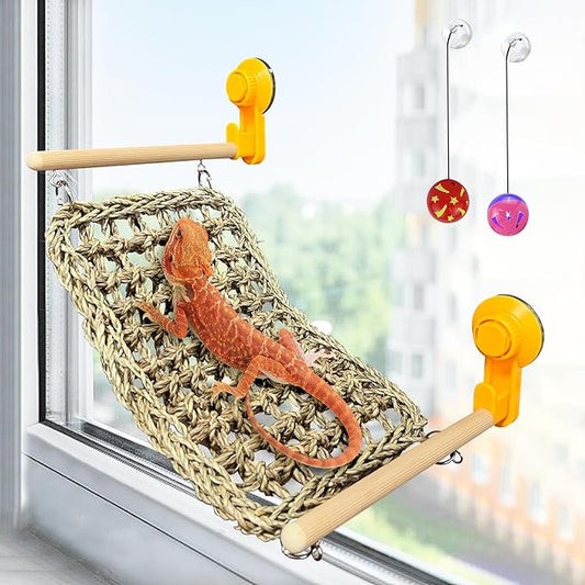 VCEPJH Bearded Dragon Hammock, Reptile Window Perch Natural Seagrass Gecko Climbing Tank Accessories Lizard Lounger Bed with Powerful Suction Cups Bearded Dragon Toys for Basking (11.81 * 7.08)