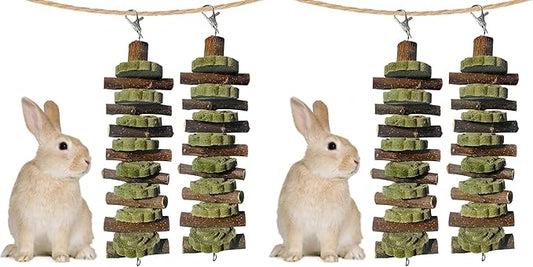 kathson 2PCS Bunny Chew Toys for Teeth Grinding, Chinchilla Treats Organic Bamboo Sticks Natural Fruitwood Branches for Rabbits Guinea Pigs Hamsters (Fruitwood Sticks+Alfalfa Cakes) (Pack of 2)