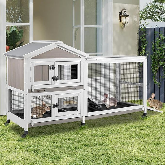 PetsCosset Rabbit Hutch Outdoor Indoor Bunny Hutch with Run 2-Story Large Rabbit Cage on 6 Wheels, 3 Leak Proof Trays, Ramp, Waterproof Roof for Small to Medium Animals, Expandable Design