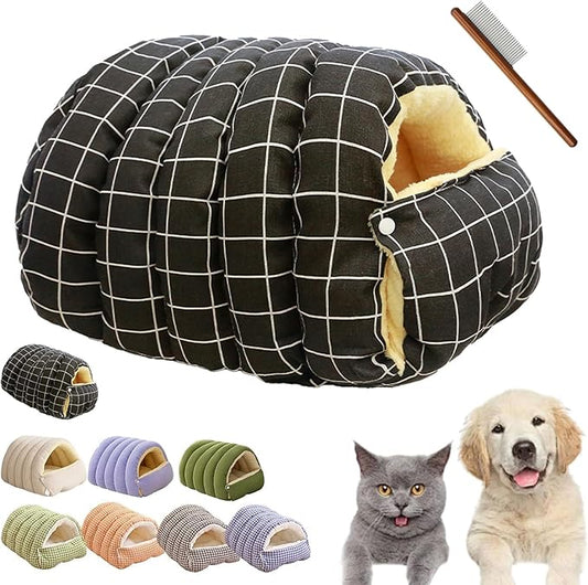 CutyPet Winter Cave,Warmth Cozy Comfort Plush Pet Cave,Cute Cozy Safe Hideaway Cat Bed with Removable Cushion,Warm Soft Removable Washable for Cats and Dogs (Black Plaid, M: 18.89 * 11.81 * 7.87 in)