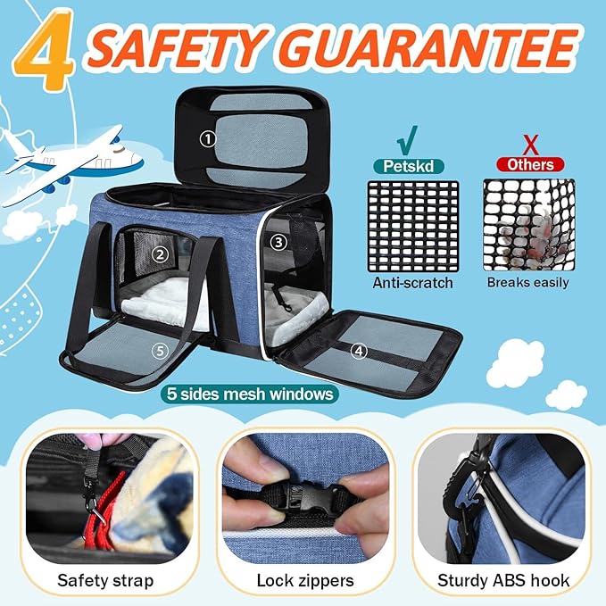 Petskd Top-Expandable Pet Carrier 18x13x9.5 Inches Southwest Airline Approved, Soft-Sided Carrier for Small Cats and Dogs with Locking Safety Zippers and Anti-Scratch Mesh(Blue)