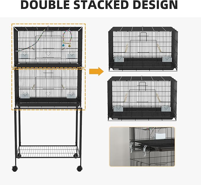 PawHut Double Stackable Bird Cage with Stand, Wooden Swing, Rope Ladder & Wheels for Canaries, Lovebirds Finches, Budgie Cage with Storage Shelf, Removable Tray, Wooden Perches & Food Containers