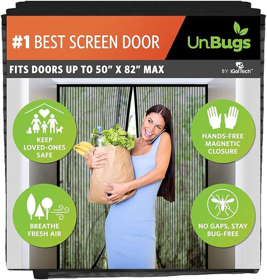 UnBugs Magnetic Screen Door - Fits French Door & Double Doors up to 50 x 82 Inches MAX - Pet & Kid Friendly, Self-Closing - Hands Free Magnet Closure Keeps Bugs Out & Breeze in