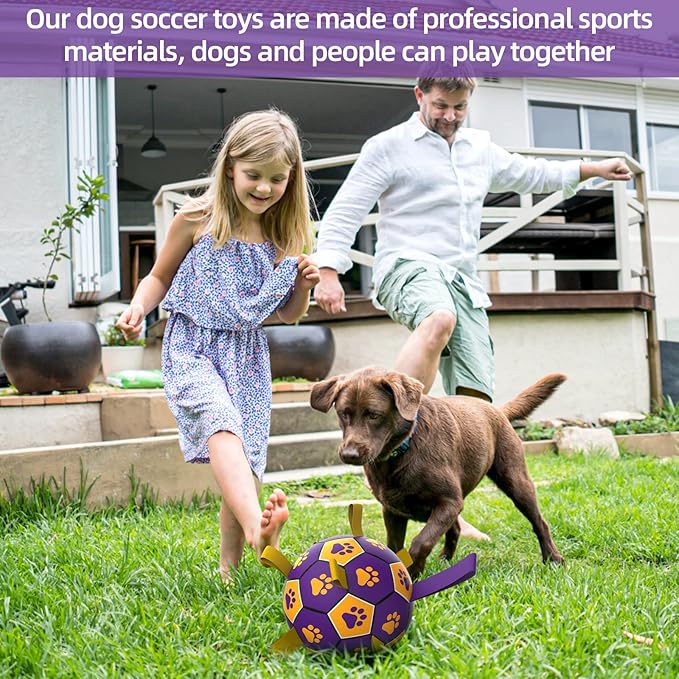 QDAN Dog Ropes Toys, Soccer Ball with Straps, Interactive Dog Toys for Tug of War, Dog Water Toy, Durable Balls for Medium Large Dogs（8 Inch）