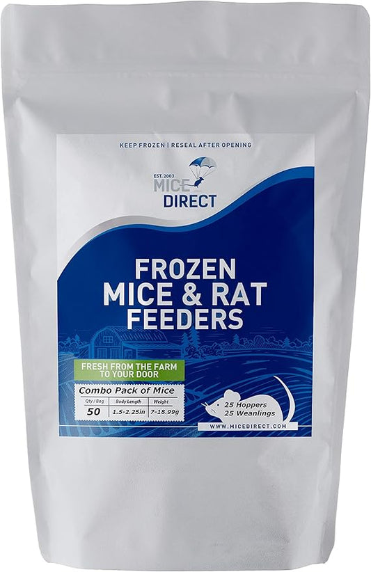 MiceDirect EST. 2003 50 Frozen Mice Combo Pack of 25 Hoppers and Weanling Feeders Snake Food for Mice for Juvenile Ball Python Adult Milk Corn Snakes (1.5-2.5 in)(500 Grams Min)