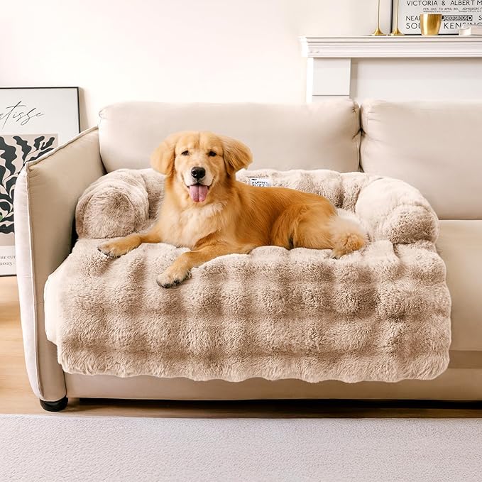 FUNNY FUZZY Pet Fluffy Fuzzy Calming Dog Couch Bed Sofa Protector Washable Pets Mat for Large Medium Small Dogs and Cats (Coffee,37.4 × 33.46 × 6.3 in)