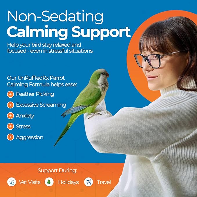 UnRuffledRx™ Calming Formula for Parrots – Bird Supplement That Supports Relaxation During Stressful Events Like Fireworks, Travel, and Visitors – 150 Servings – Made in USA