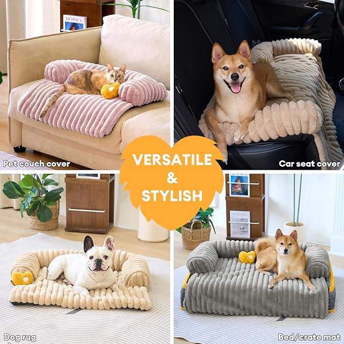 FUNNY FUZZY Pet Couch Cover for Sofa, Calming Dog Bed for Couch, Fluffy Plush Cat Bed Mat for Furniture Protector for Small Dogs and Kitten, 27×24 in, Pink
