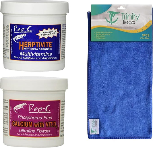 Reptile Calium with D3 3.3 oz. Herptivite multivitamin 3.3 oz. for Reptiles and Amphibians, Including Microfiber Cleaning Cloth (Herptivite multivitamin for Reptiles, Ultrafine Calium Powder with D3)