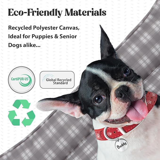Orthopedic Bolster Dog Bed – CertiPUR-US Foam, Recycled Polyester Canvas, Washable Cover, Anti-Slip Bottom, Small, Light Blue Check – Stylish Designer Dog Sofa