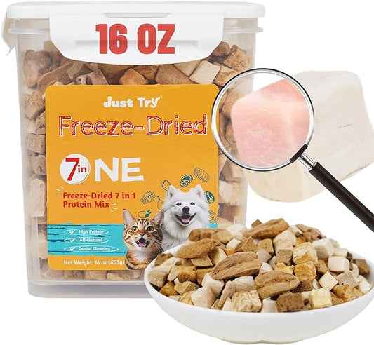 Just Try 7-in-1 Freeze-Dried Dog Teats Mix for Dogs & Cats - Chicken, Duck, Salmon, Cod, Liver & Heart - Grain-Free, Training & Treats