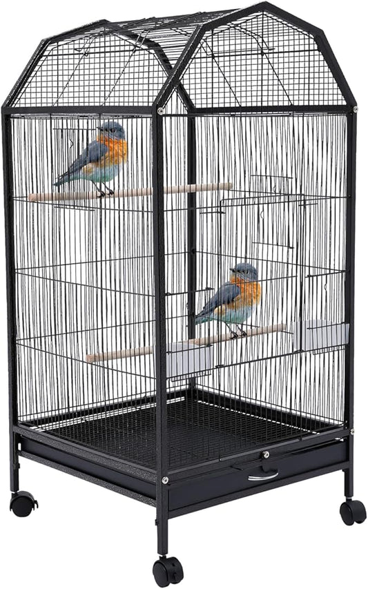 Parakeet Bird Cage 36.9 Inch Wrought Iron Flight Bird Cage Pet Bird Flight Cages with 4 Universal Wheels 3 Standing Poles Rolling Stand Bird Playground