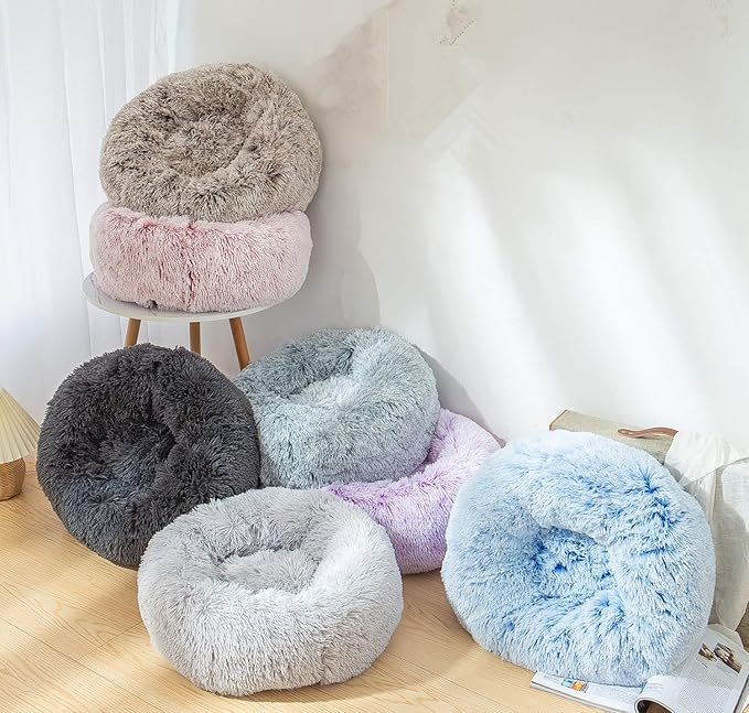 Calming Dog Bed X-Large, Soft Round Cuddler Dog Beds Fluffy Plush Faux Fur Pet Beds, Anit-Anxiety Self-Warming Comfy (32", Dark Pink)