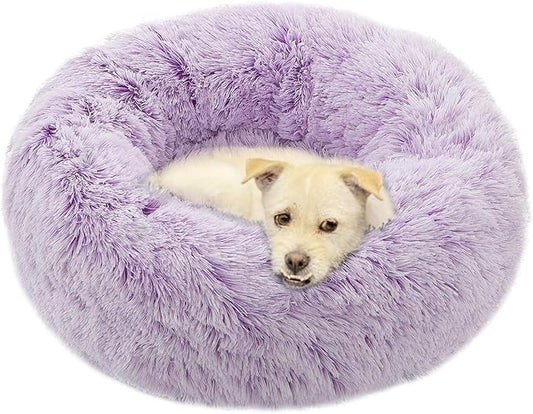 Calming Dog Bed X-Large, Soft Round Cuddler Dog Beds Fluffy Plush Faux Fur Pet Beds, Anit-Anxiety Self-Warming Comfy (32", Purple)