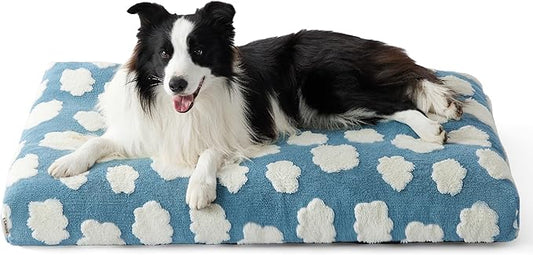 LE SURE Cute Large Dog Bed for Crate-Thick Shredded Chopped Foam Pet Bed Indoor with Removable Washable Cover, Modern Fuzzy Plush & Anti Slip Bottom, Blue