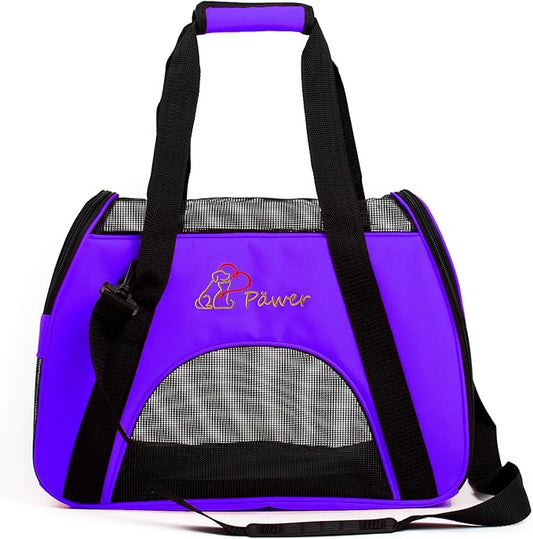 Pawer Soft-Sided Pet Carrier for Cat and Small Dog,Violet Color,Medium Size,Washable Cloth Airline Approved Travel Tote,with 2 Mesh Opens and a Strap for Carry,Multiple Colors Available
