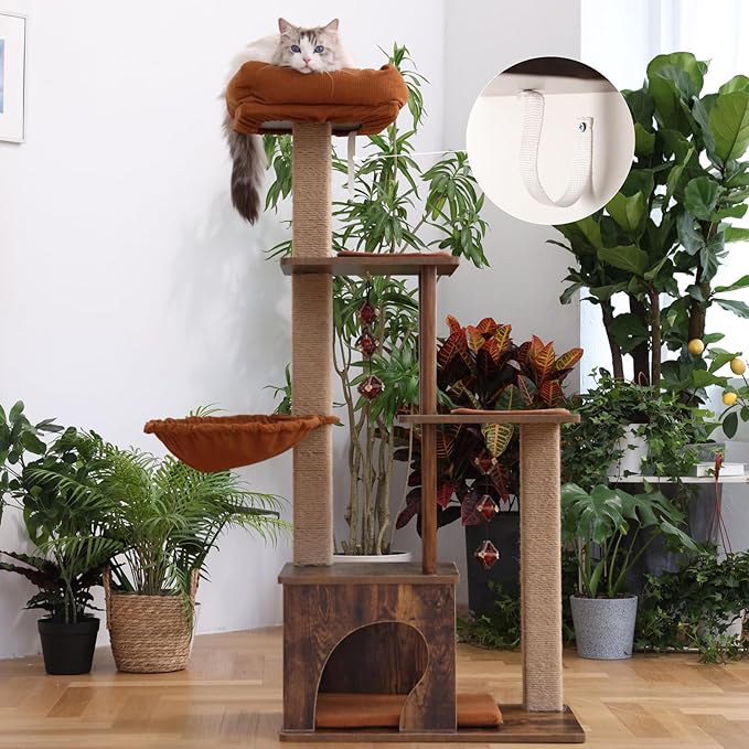 FUKUMARU Cat Tree, 4 in 1 Large Modern Cats Tower with Jute Scratching Post and Hammock, Wood Cat Condo with silvervine Balls, Brown Cat Climber Stand Playhouse for Indoor Cats, Retro Style