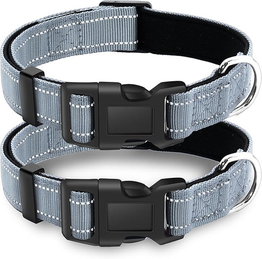 2 Pack Reflective Dog Collar with Safety Locking Buckle, Adjustable Soft Breathable Comfortable Nylon Pet Collar for Small, Medium and Large Dogs, Gray, M
