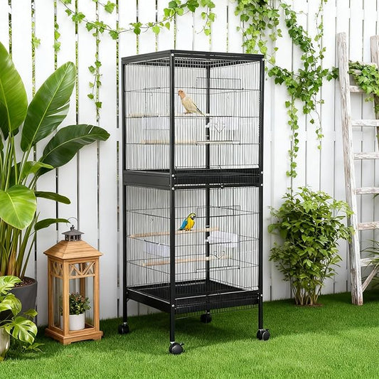 55 inch Wrought Iron Bird Cage Double Stackable Metal Cage w/Play Open Top and Rolling Stand with Pull Out Tray for a Canary Finch