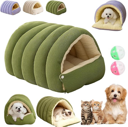 Expectation Cat Bed, Removable and Washable Winter Closed-Off Cat Bed, Soft Fluffy Warm Autumn/Winter Cats House, Washable Non-Slip Pet Sleeping Bag for Indoor Cats Small Dogs (Green,Medium)