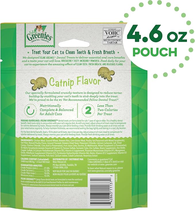 Greenies Feline Adult Dental Cat Treats, Catnip Flavor, 4.6 oz. Pack