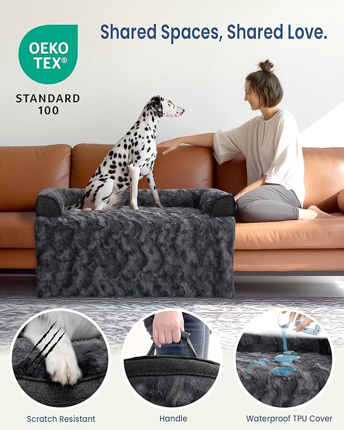 Calming Large Dog Bed for Couch, 41 x 37 inch Removable Couch Cover for Dogs Washable, Non-Slip Fluffy Plush Dog Sofa Mat for Furniture Protector - Dark Grey