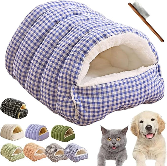 CutyPet Winter Cave,Warmth Cozy Comfort Plush Pet Cave,Cute Cozy Safe Hideaway Cat Bed with Removable Cushion,Warm Soft Removable Washable for Cats and Dogs (Purple Plaid, L:25.59 * 15.74 * 11.02 in)