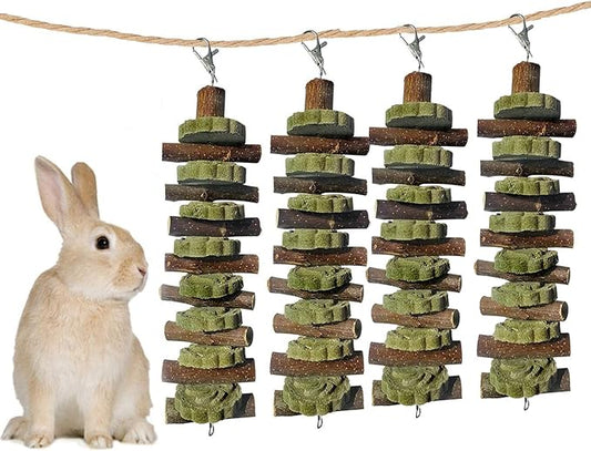 kathson 4PCS Bunny Chew Toys for Teeth Grinding, Chinchilla Treats Organic Bamboo Sticks Natural Fruitwood Branches for Rabbits Guinea Pigs Hamsters (Fruitwood Sticks+Alfalfa Cakes)