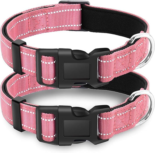 2 Pack Reflective Dog Collar with Safety Locking Buckle, Adjustable Soft Breathable Comfortable Nylon Pet Collar for Small, Medium and Large Dogs, Pink, M