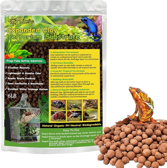 Riare 6LBS Expanded Clay Balls Terrarium Substrate for Reptiles - 100% Organic Lightweight Clay Pebbles Substrate Frogs False Bottom Substrate, Bioactive Terrarium Substrate for Drainage and Moisture