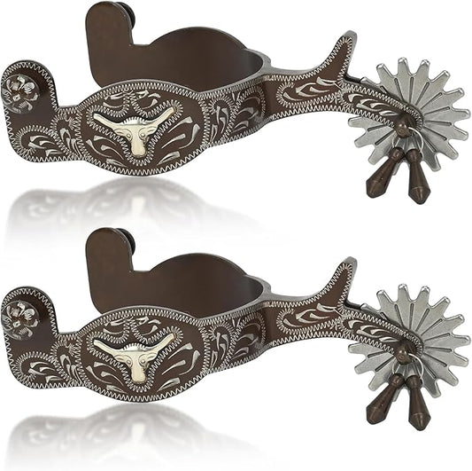 Western Antique Spurs for Horse Riding - Hand-Engraved Low Carbon Steel Spurs with Brass Accents, 75-78mm Adjustable Gear Design, Secure Copper Buckle