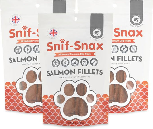 Snif-Snax Salmon Fillets Dog Treats 3 Pack – All Natural Human Grade Grain Free Training & Reward – High Protein Salmon Sticks for Dogs, Healthy Puppy Treats, Soft Jerky-Style Strips