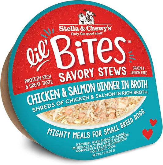 Stella & Chewy's Lil Bites Savory Stews for Small Breeds Chicken & Salmon Dinner in Broth, 2.7 oz. Cups (Pack of 12)