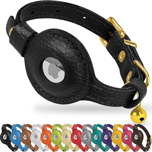 OOPSDOGGY Leather AirTag Cat Collar with Bell - Non Breakaway Kitten Collar with Apple Air Tag Holder - Lightweight GPS Pet Collars for Girl Boy Cats, Small Dogs, Puppies (Black)