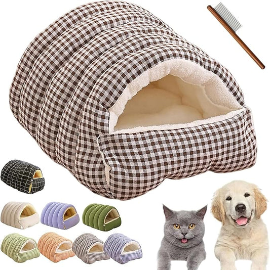 CutyPet Winter Cave,Warmth Cozy Comfort Plush Pet Cave,Cute Cozy Safe Hideaway Cat Bed with Removable Cushion,Warm Soft Removable Washable for Cats and Dogs (Brown Plaid, L:25.59 * 15.74 * 11.02 in)